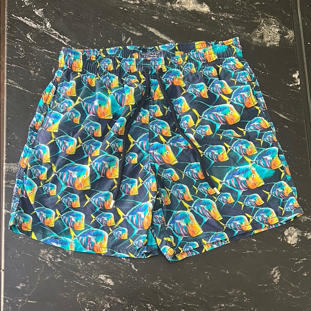 Vilebrequin Blue and Orange Swim Trunks with Playful Pattern